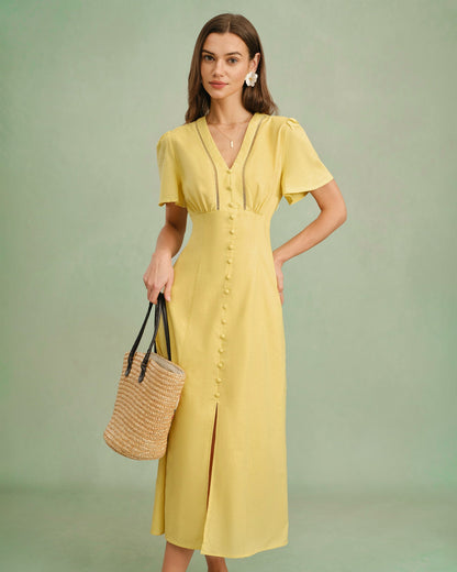 Vestido midi amarillo con cuello en V y botones