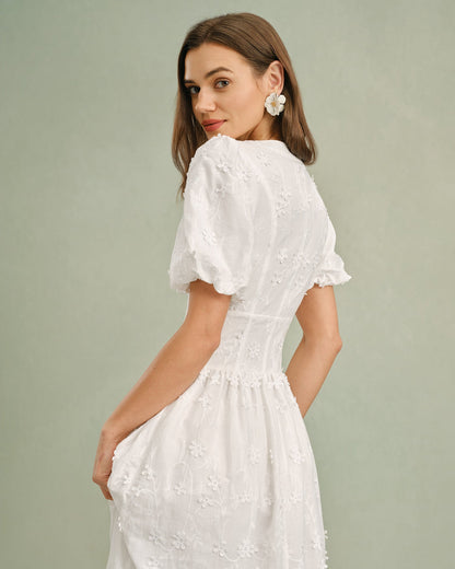 Vestido Midi Floral de Cuello Redondo Blanco