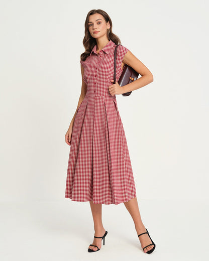 Vestido Midi de Cuello de Cuadros Rojos