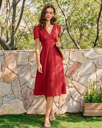 Vestido Midi Bordado con Cuello en V Rojo