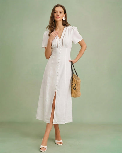 Vestido Midi A-Line Blanco con Cuello en V y Botones