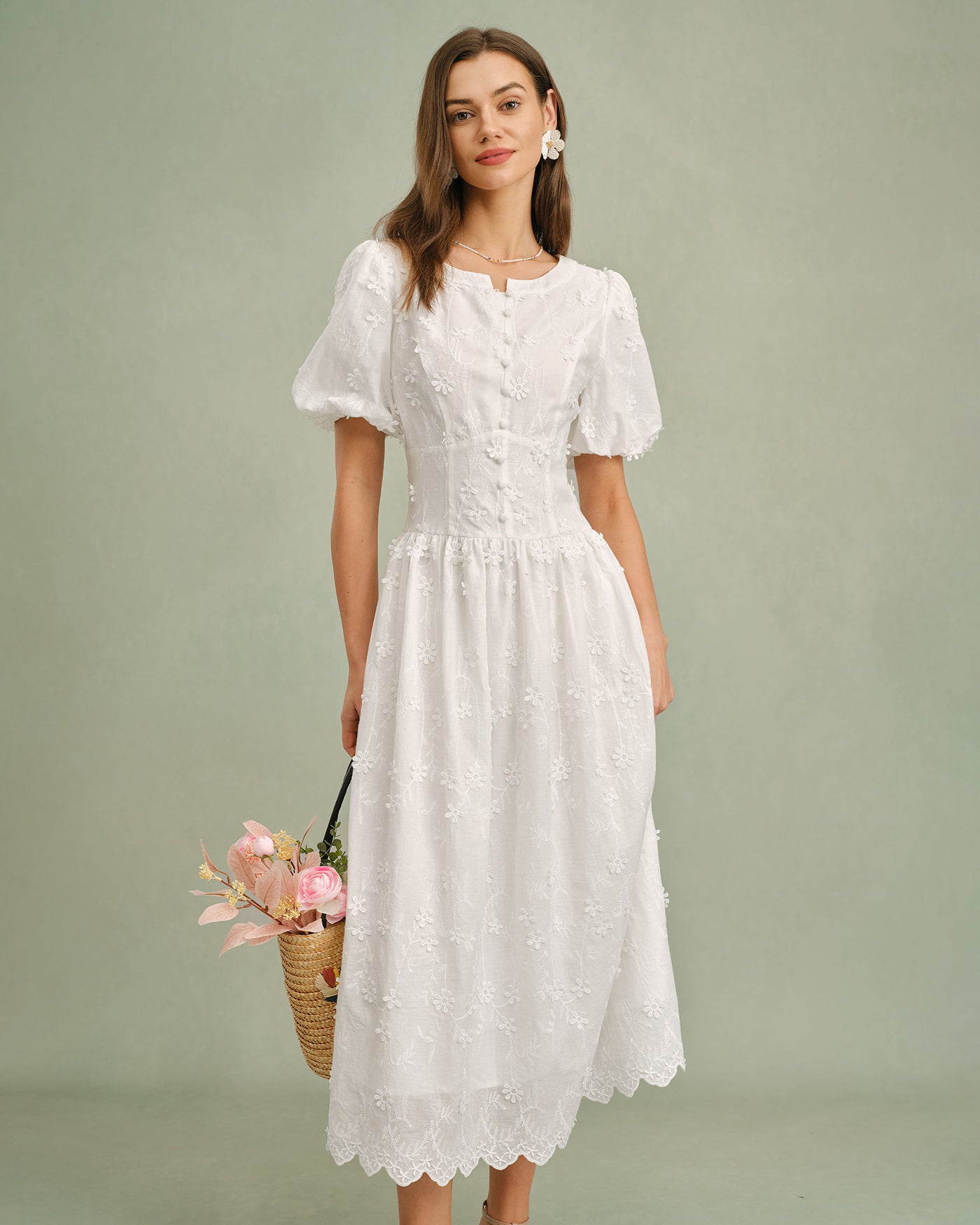 Vestido Midi Floral de Cuello Redondo Blanco