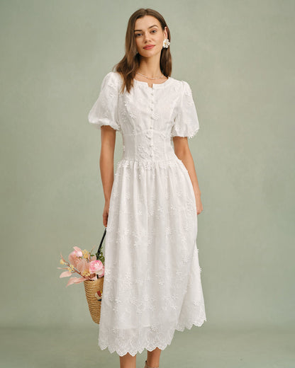 Vestido Midi Floral de Cuello Redondo Blanco