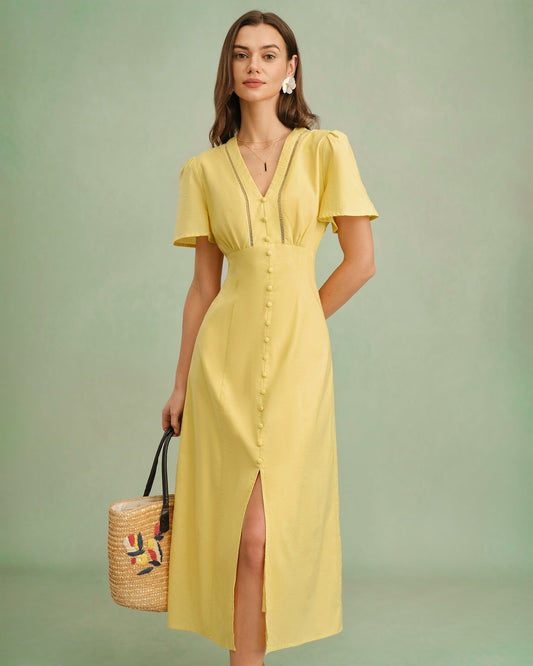 Vestido midi amarillo con cuello en V y botones