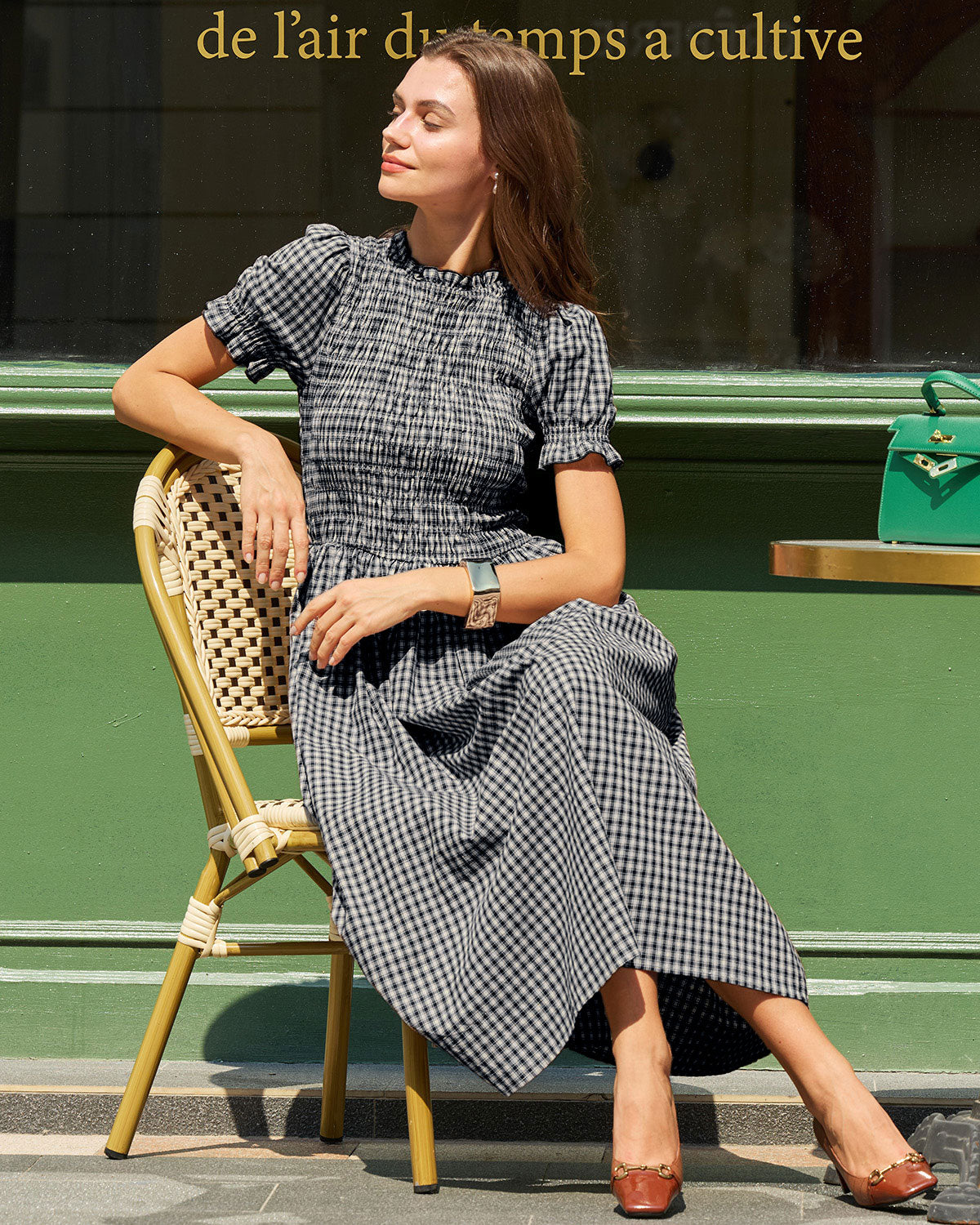 Vestido Midi de Manga Abullonada a Cuadros Azules