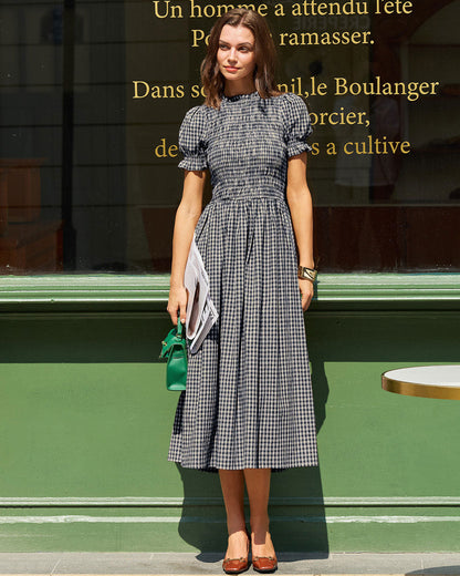 Vestido Midi de Manga Abullonada a Cuadros Azules