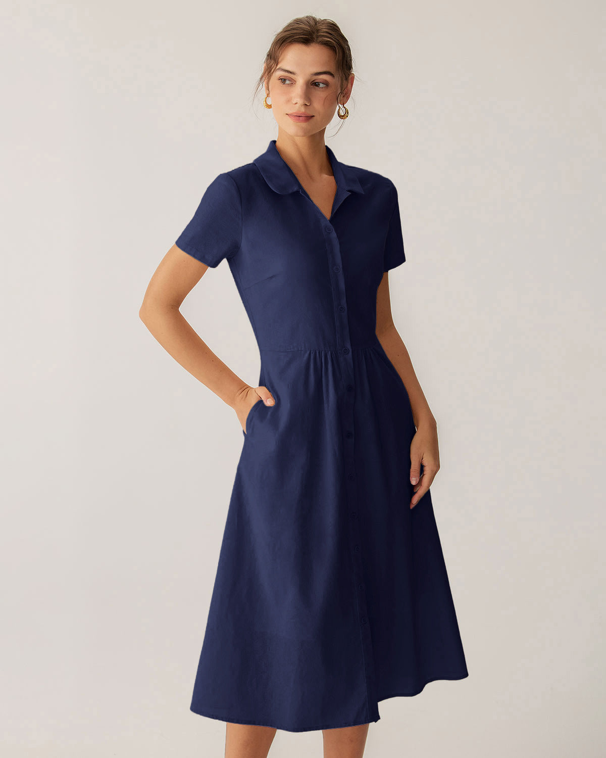 Vestido Midi de Manga Corta en Azul Marino