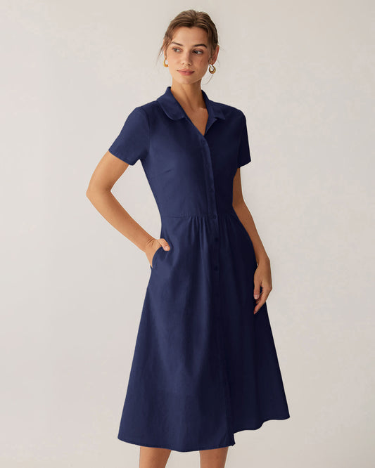 Vestido Midi de Manga Corta en Azul Marino