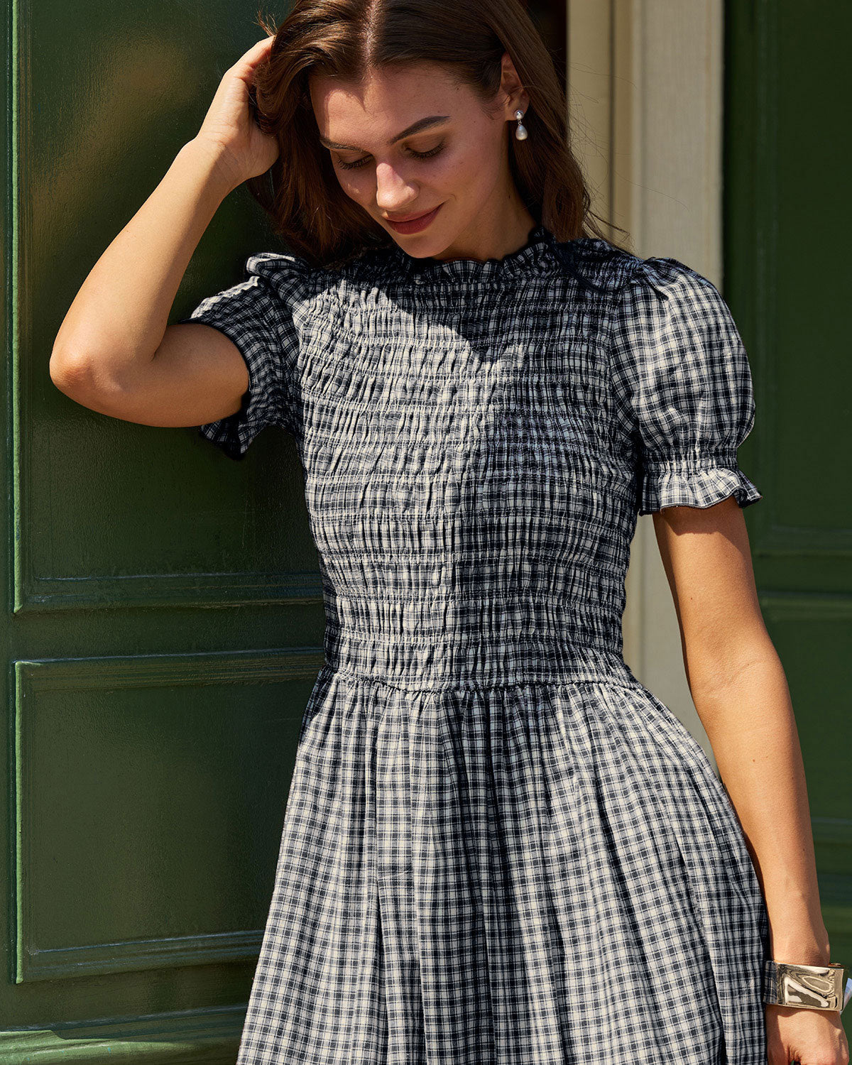 Vestido Midi de Manga Abullonada a Cuadros Azules