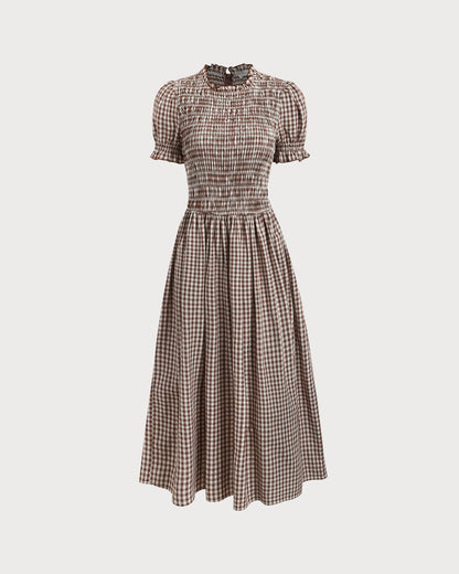 Vestido Midi de Manga Abullonada con Estampado de Cuadros