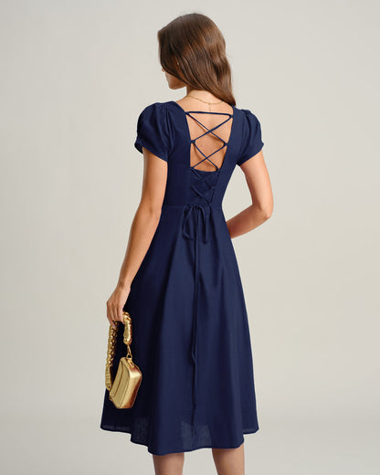 Vestido Midi A-Line de Cuello Cuadrado y Mangas Cortas en Color Marino