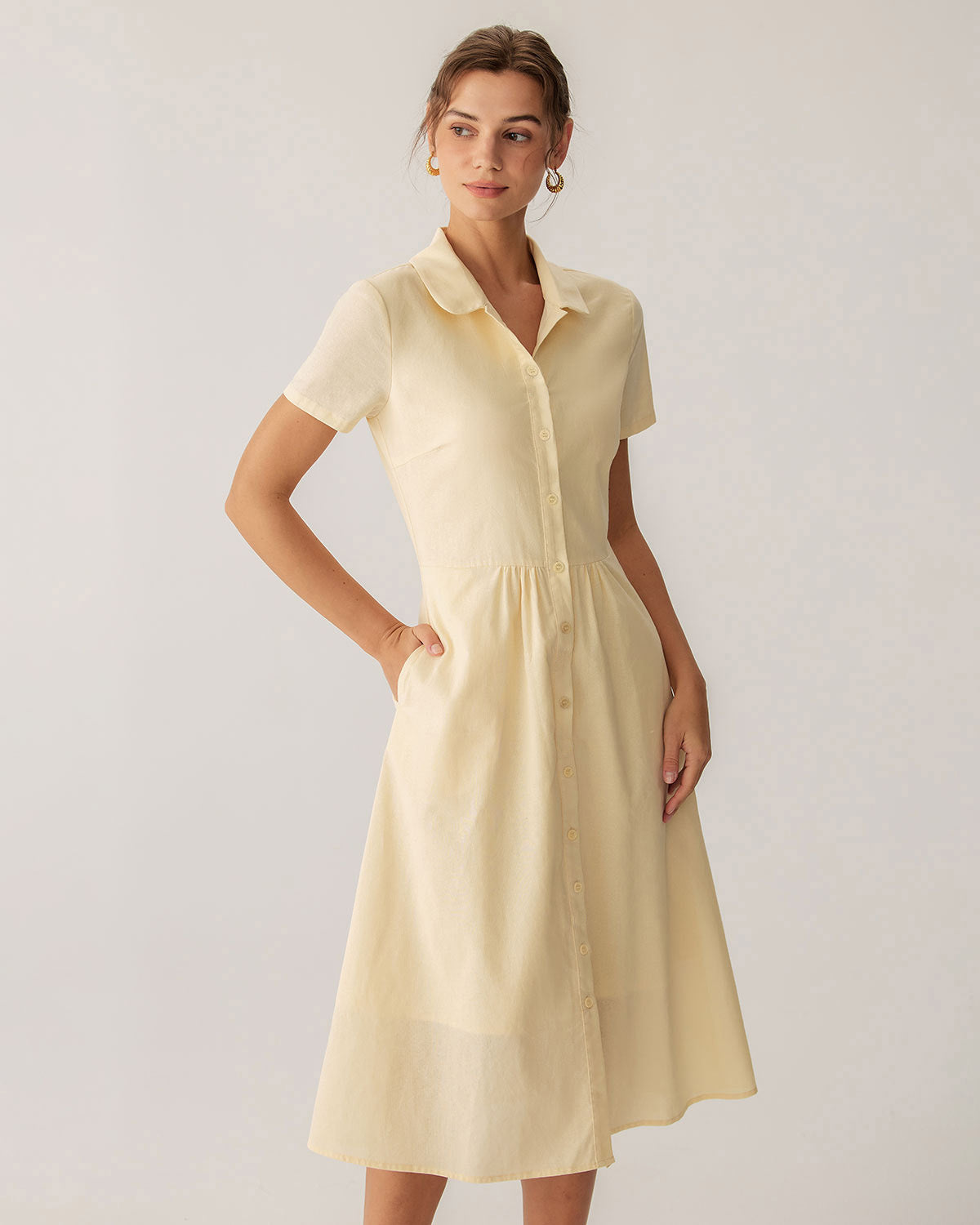 Vestido Midi de Manga Corta Amarillo