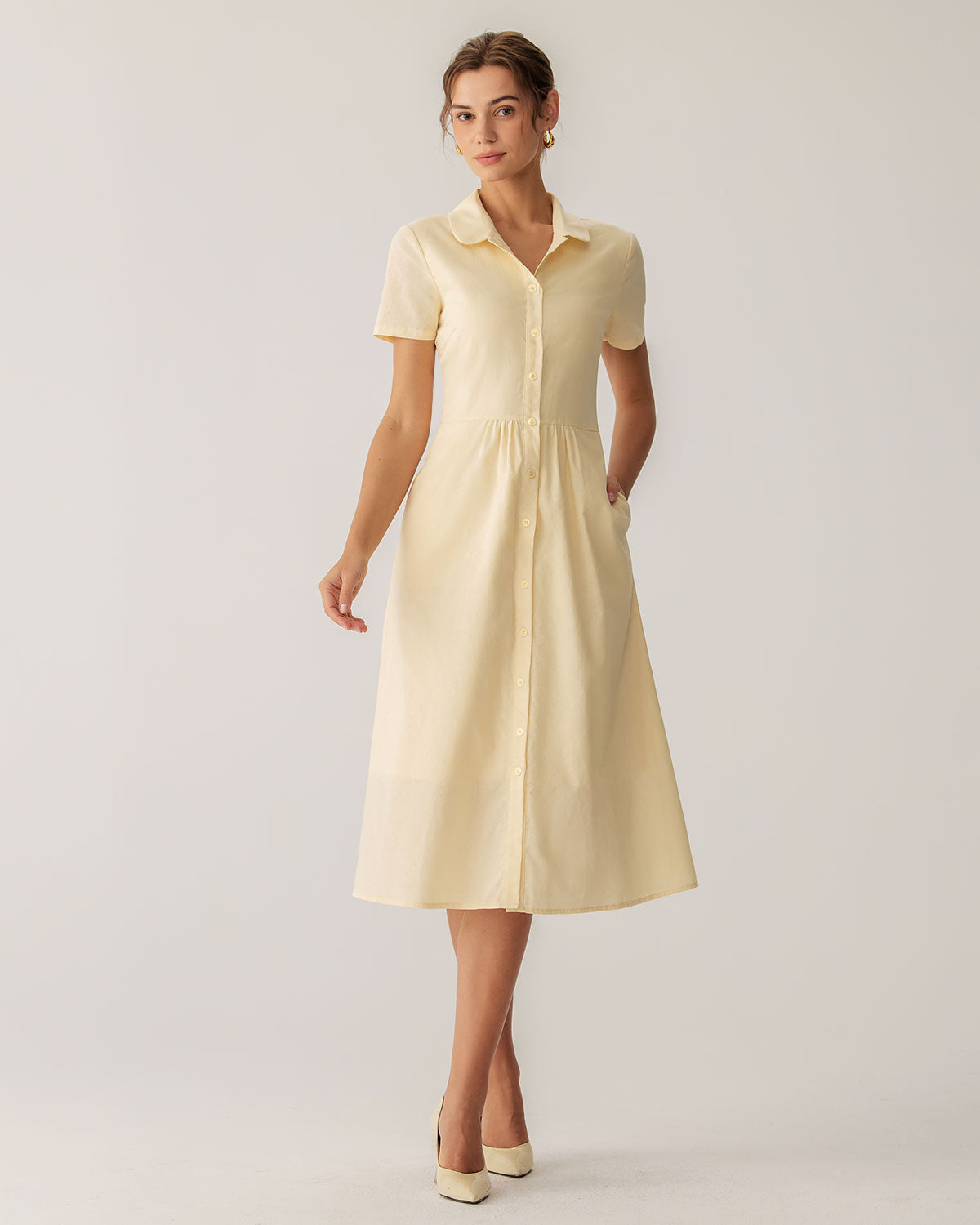 Vestido Midi de Manga Corta Amarillo