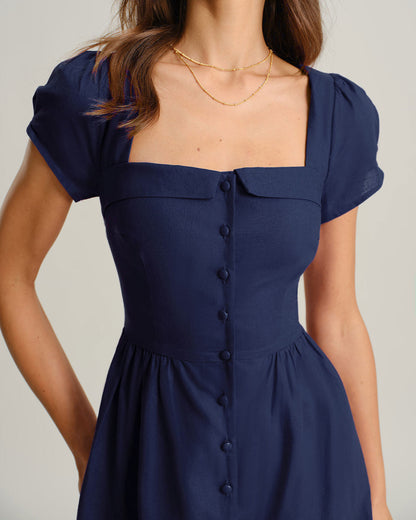 Vestido Midi A-Line de Cuello Cuadrado y Mangas Cortas en Color Marino