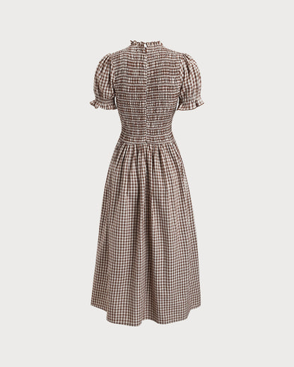 Vestido Midi de Manga Abullonada con Estampado de Cuadros