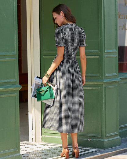 Vestido Midi de Manga Abullonada a Cuadros Azules