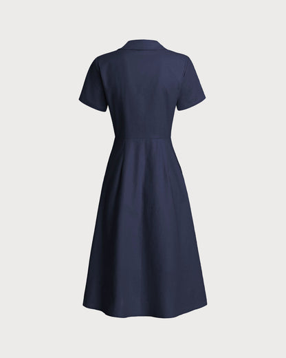 Vestido Midi de Manga Corta en Azul Marino