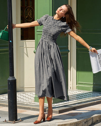 Vestido Midi de Manga Abullonada a Cuadros Azules