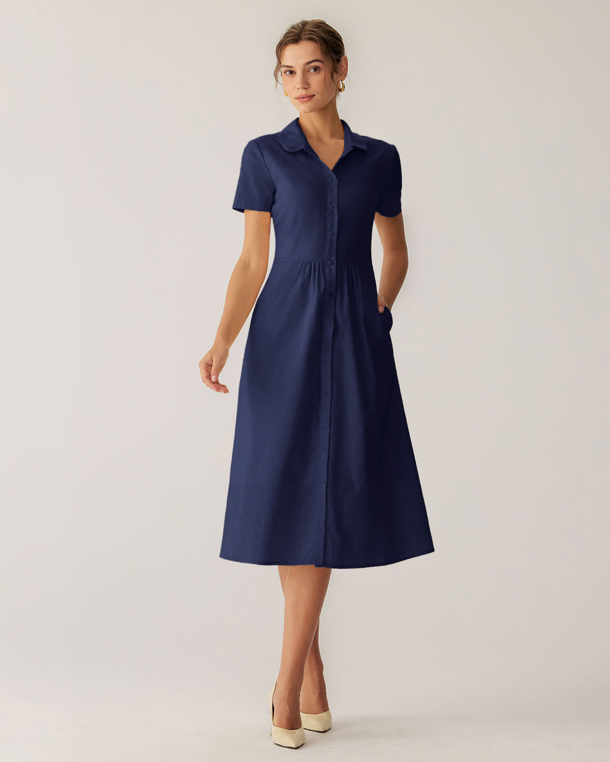 Vestido Midi de Manga Corta en Azul Marino