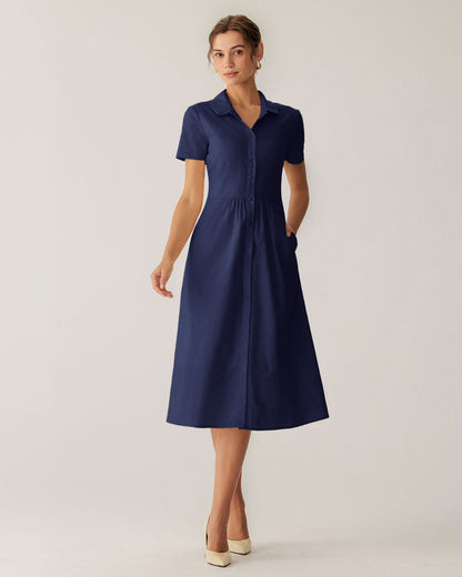 Vestido Midi de Manga Corta en Azul Marino