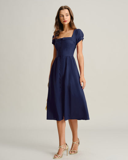 Vestido Midi A-Line de Cuello Cuadrado y Mangas Cortas en Color Marino