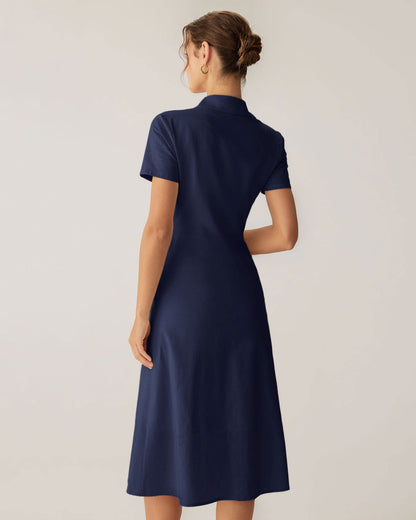 Vestido Midi de Manga Corta en Azul Marino