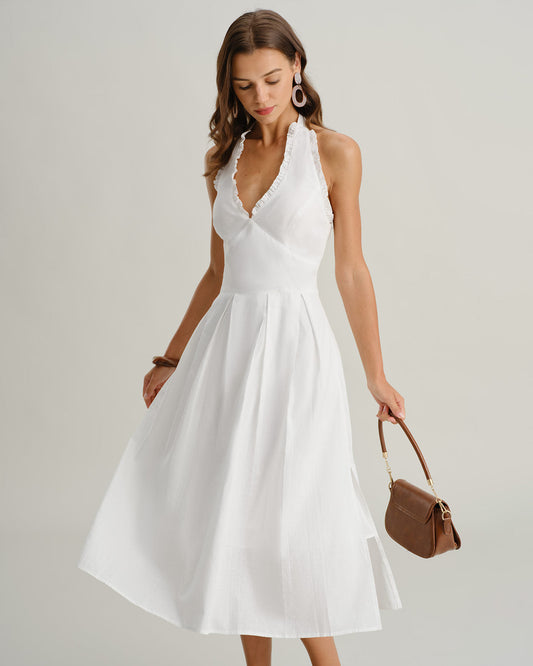 Vestido midi sin mangas con cuello halter en blanco