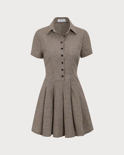 Vestido Mini Plisado de Cuadros Marrón