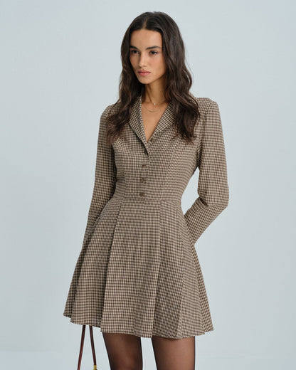 Vestido Mini de Algodón a Cuadros Marrón con Cuello