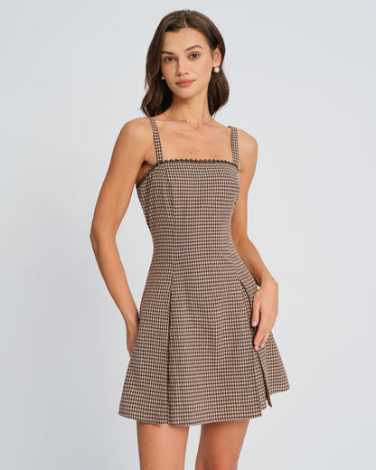 Vestido Mini Deslizante Arrugado de Cuadros Marrón