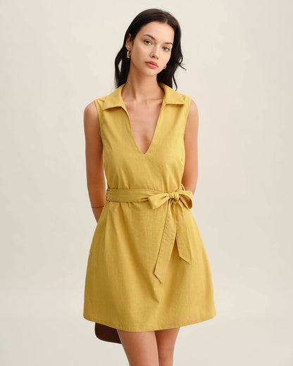 Vestido Mini Sin Mangas Amarillo con Cintura