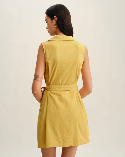 Vestido Mini Sin Mangas Amarillo con Cintura