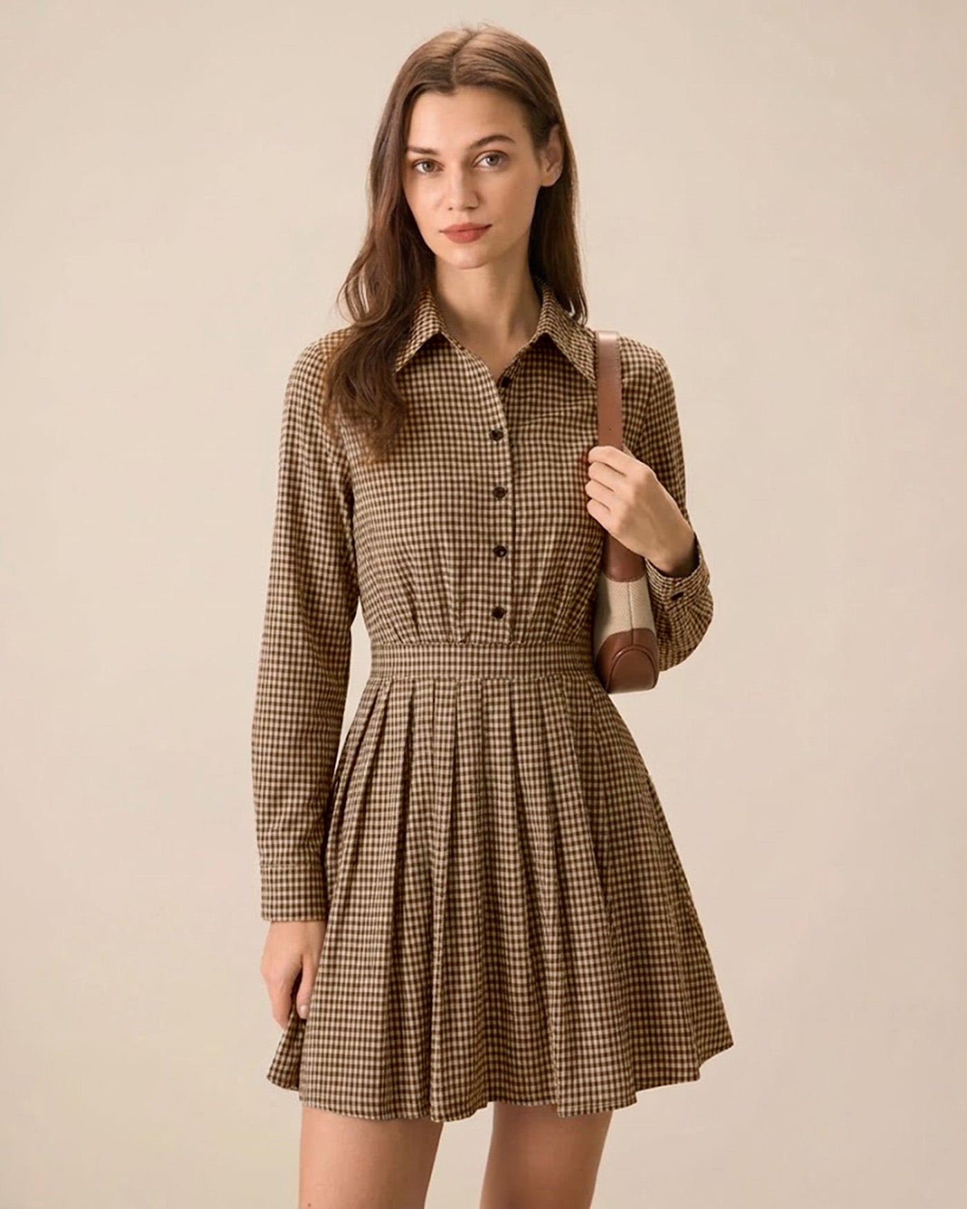 Vestido Mini Plisado de Cuadros Marrón