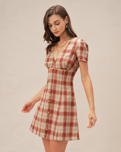 Vestido Mini de Cuadros Rojos con Escote en V