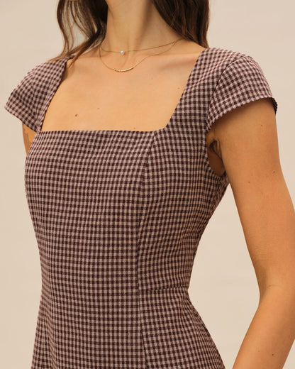 Vestido Mini de Cuello Cuadrado a Cuadros Marrón