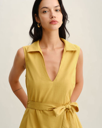 Vestido Mini Sin Mangas Amarillo con Cintura