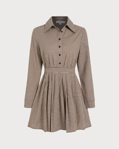 Vestido Mini Plisado de Cuadros Marrón
