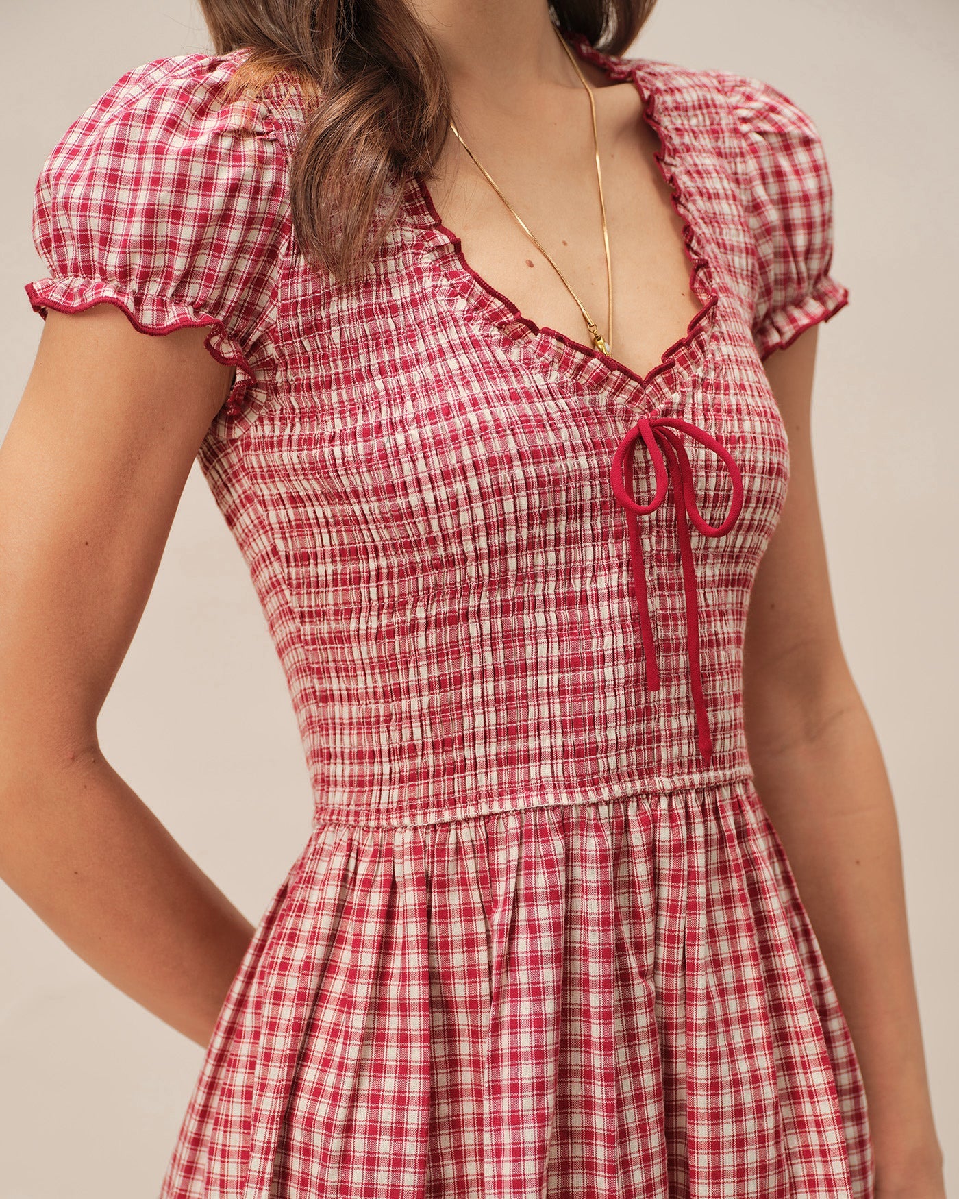 Vestido Mini Cuadros Rojo con Escote en V