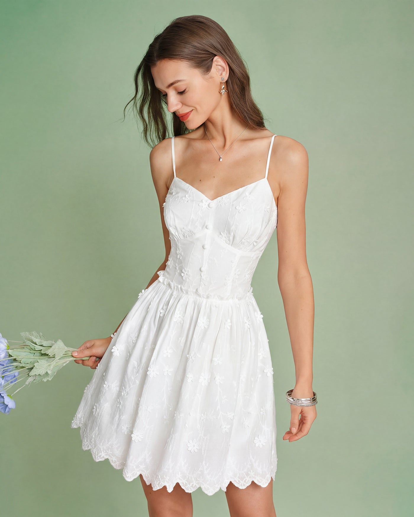 Vestido Mini Slip con Bordado Floral Blanco