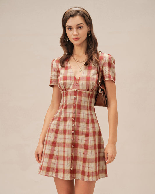 Vestido Mini de Cuadros Rojos con Escote en V