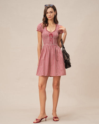 Vestido Mini Cuadros Rojo con Escote en V