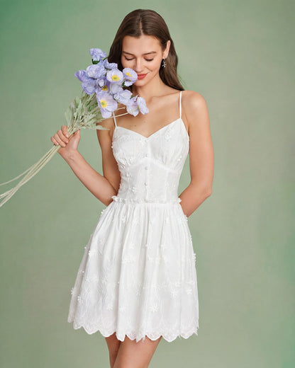 Vestido Mini Slip con Bordado Floral Blanco