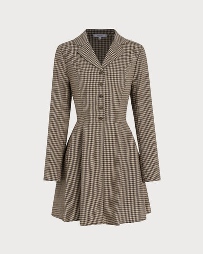 Vestido Mini de Algodón a Cuadros Marrón con Cuello