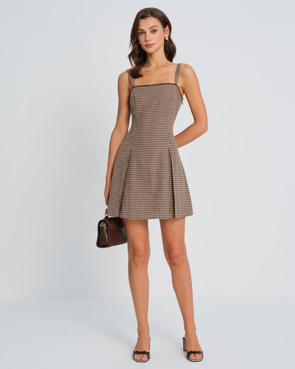Vestido Mini Deslizante Arrugado de Cuadros Marrón