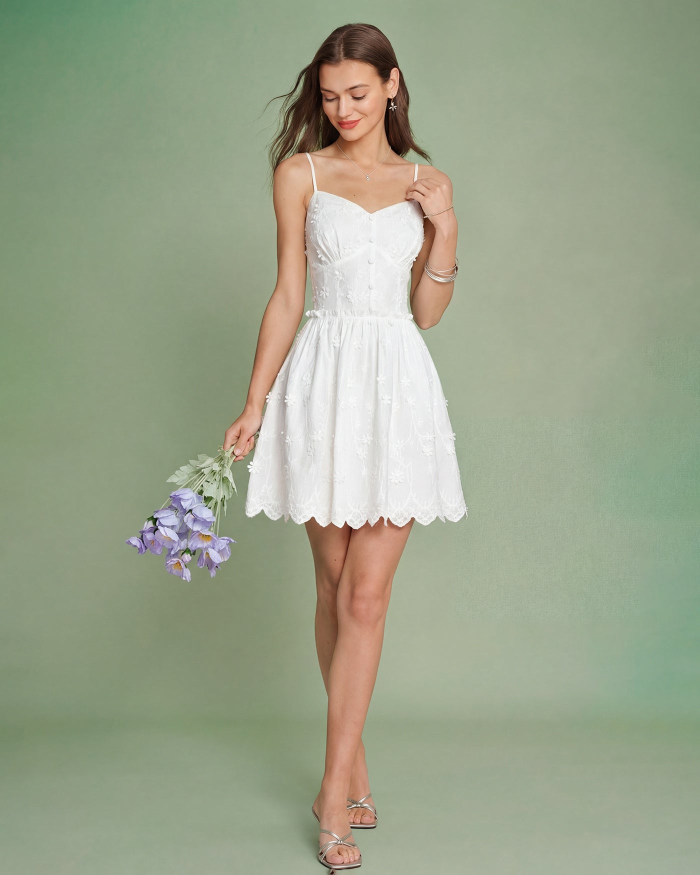 Vestido Mini Slip con Bordado Floral Blanco