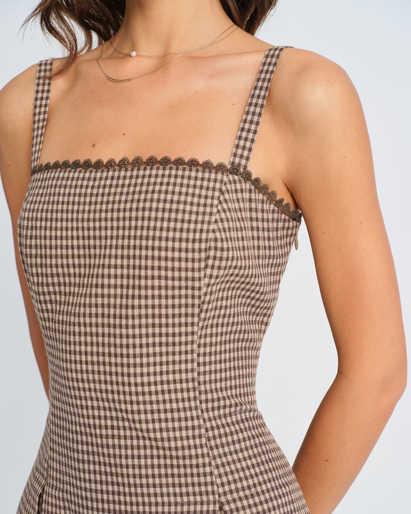 Vestido Mini Deslizante Arrugado de Cuadros Marrón
