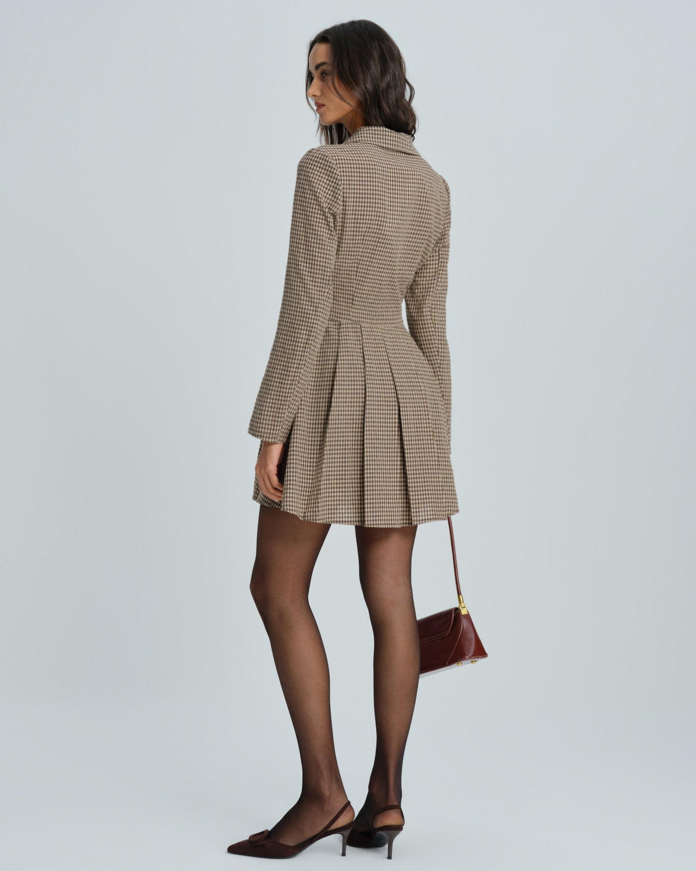 Vestido Mini de Algodón a Cuadros Marrón con Cuello