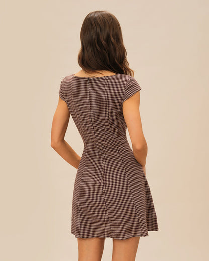 Vestido Mini de Cuello Cuadrado a Cuadros Marrón