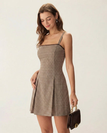 Vestido Mini Deslizante Arrugado de Cuadros Marrón