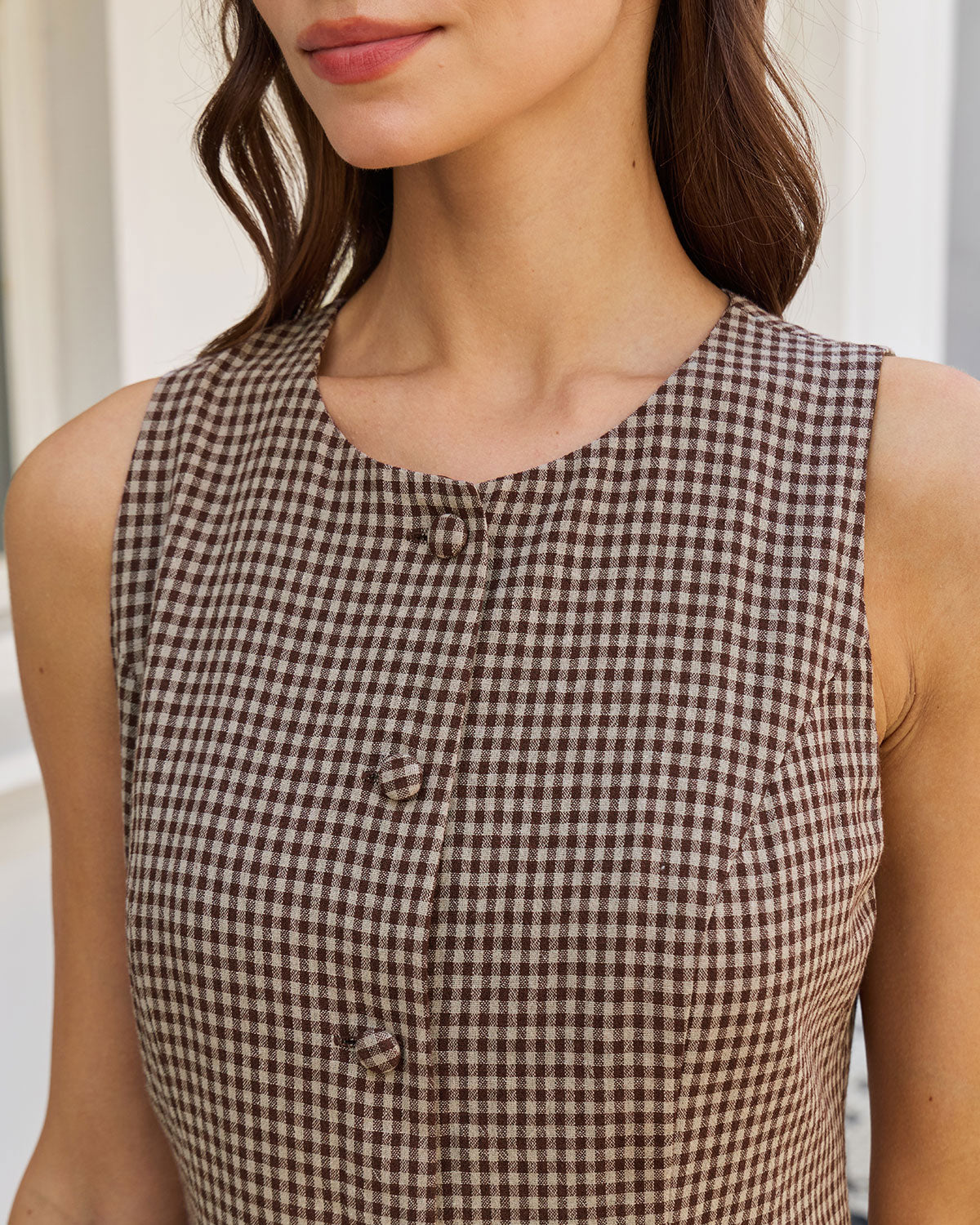 Vestido Mini Sin Mangas A-Line de Gingham Marrón